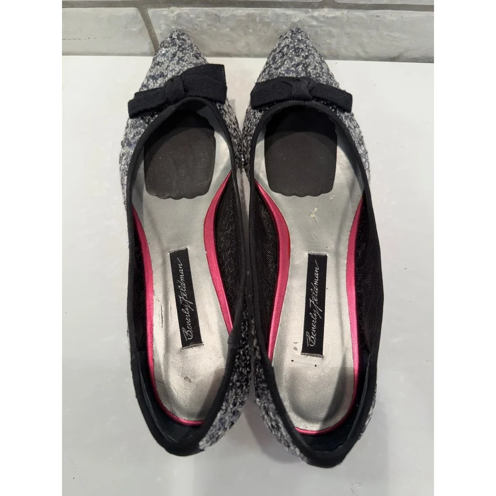 Beverly Feldman Sequin Bow Flats Womens Silver Black‎ Sparkle Pointed Toe Glam